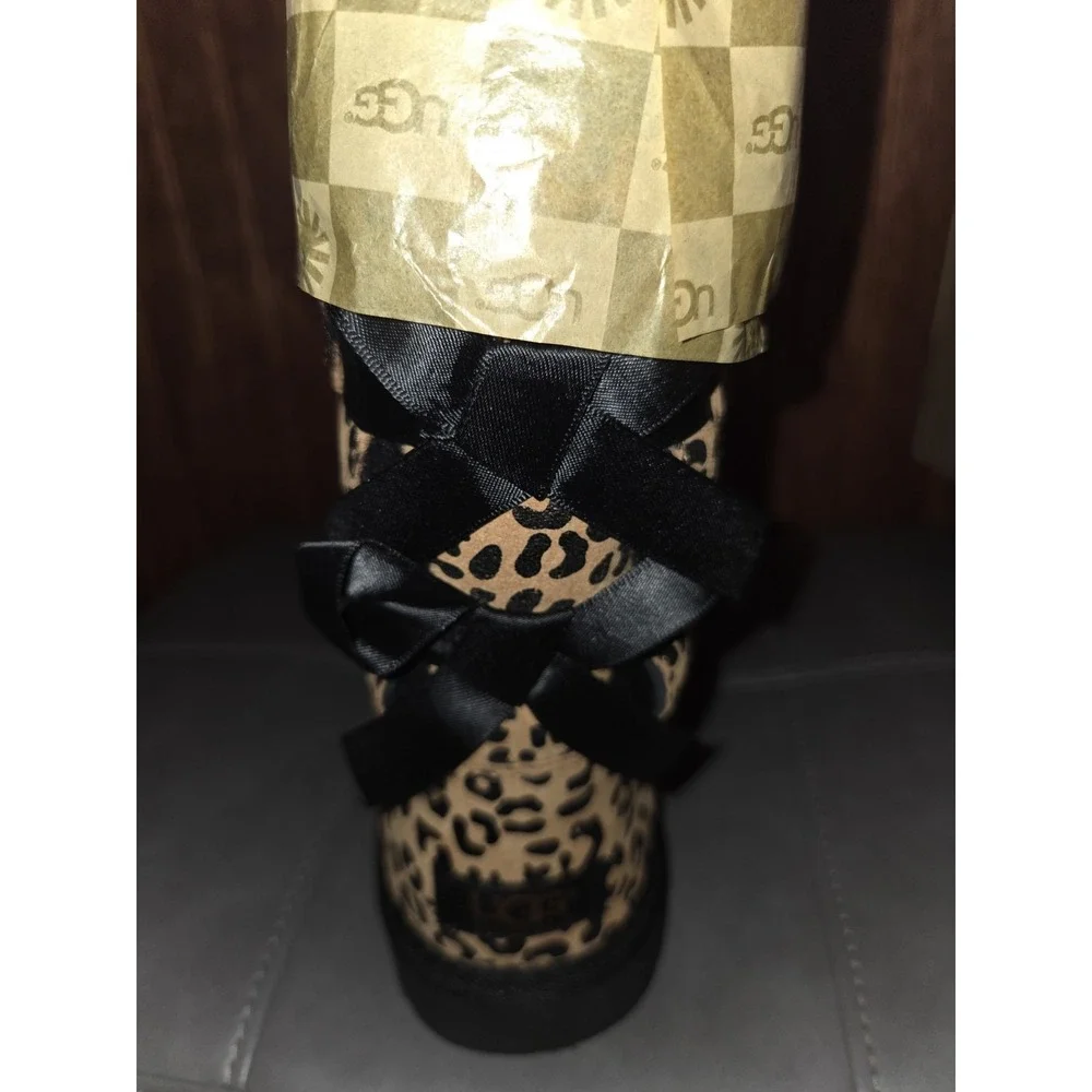 Ugg Australia K Bailey Bow Leopard Print Sheepskin Leather Boots